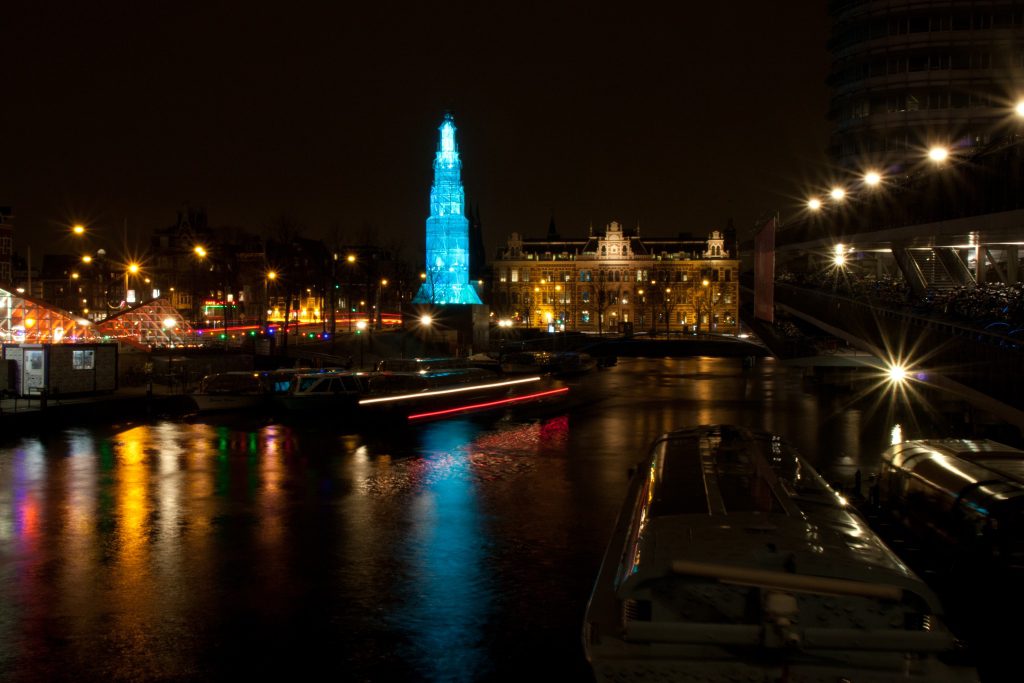 Amsterdam Festival of Lights 2024 - view from the river and a light installation during the night