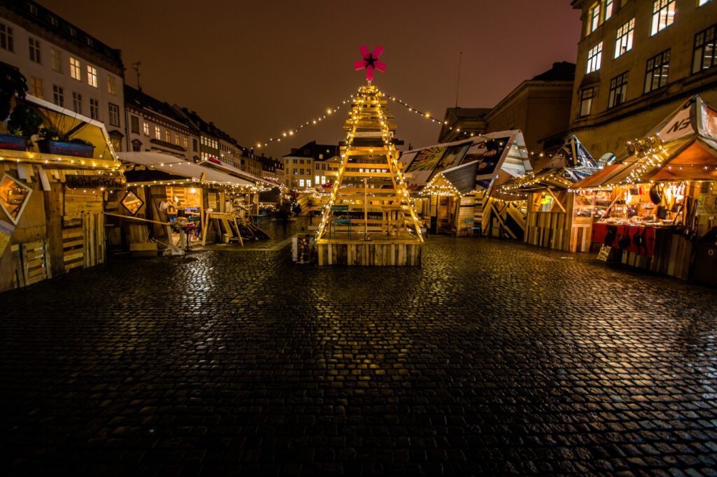 Christmas Markets in Copenhagen - market stands with lights