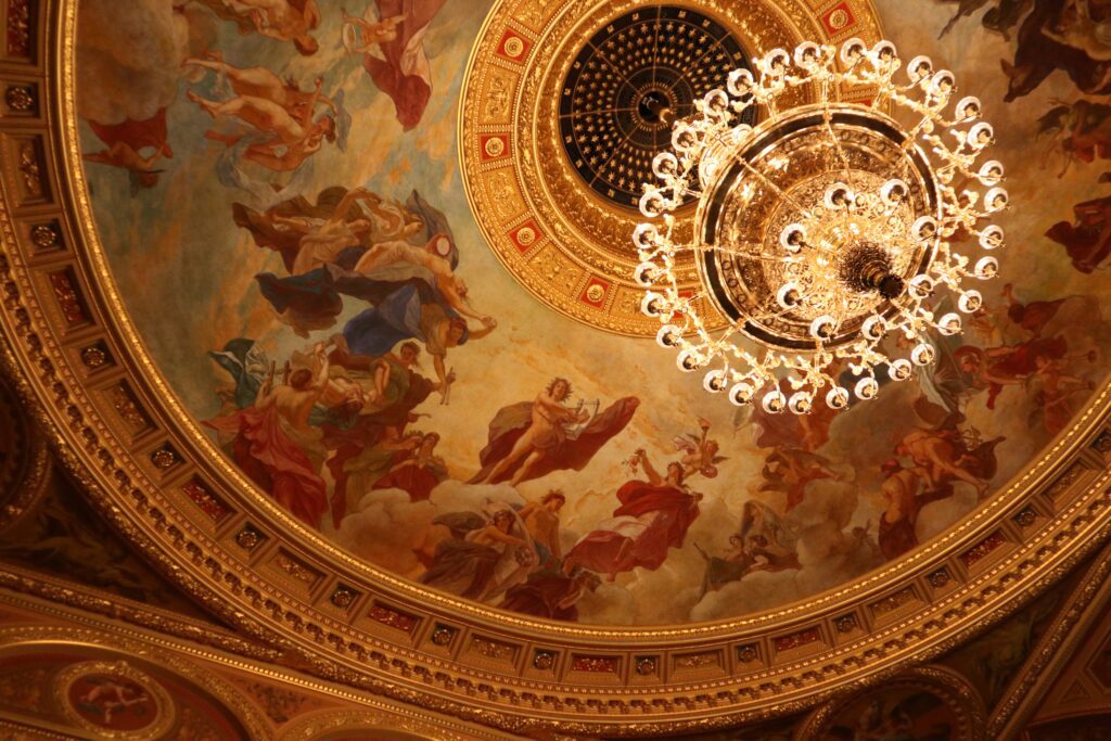 Stag party in Budapest - a decorated ceiling with a chandelier in the Opera House of Budapest