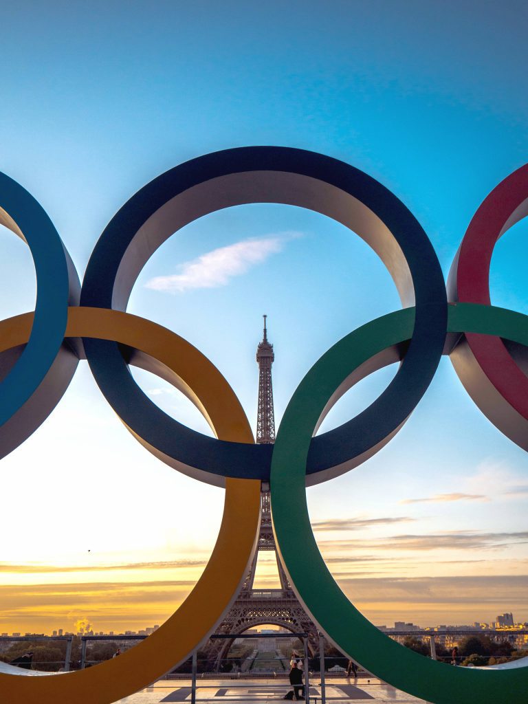 Paris 2024 Olympic Games: the Olympic circles with the Tour Eiffel on the background