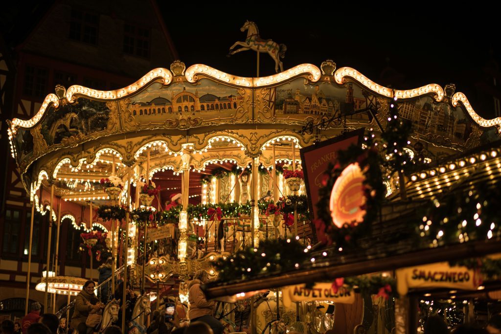 Bank holidays Germany: a golden carousel at a Frankfurt Christmas market